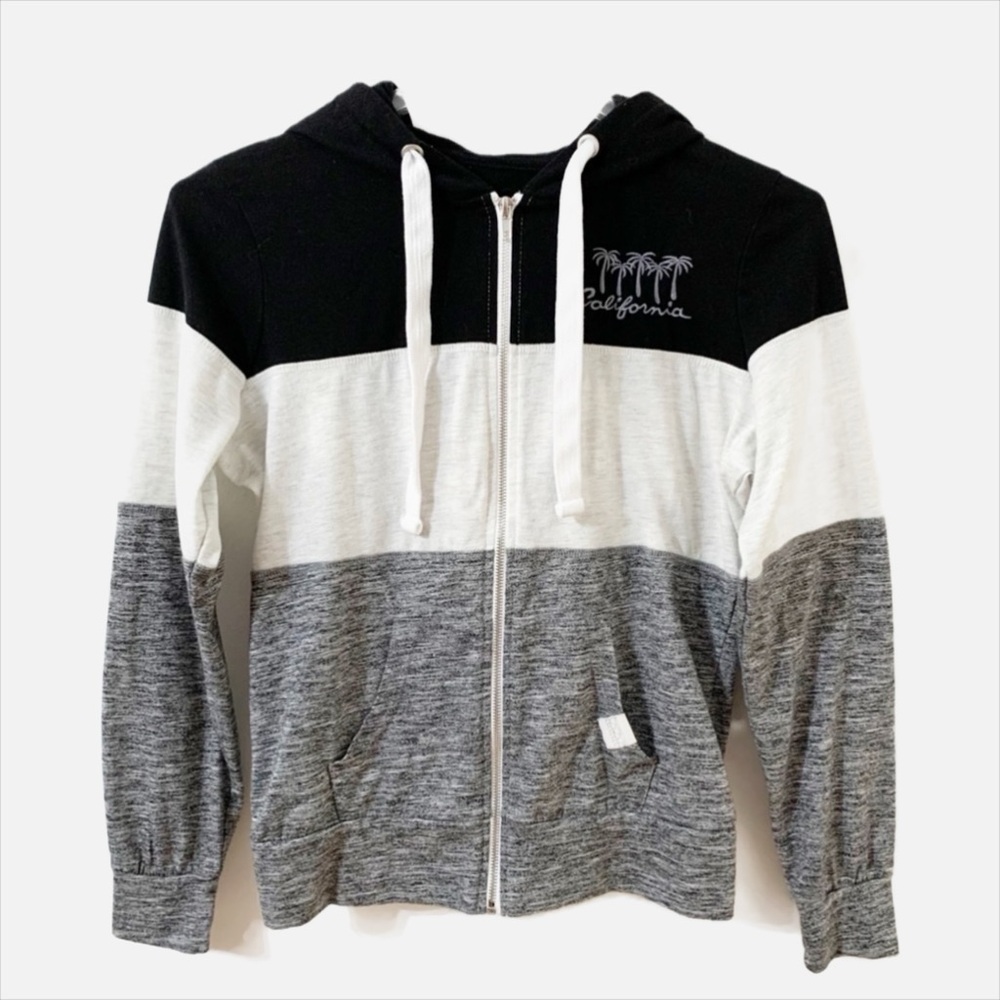 Reflex Front Zip Striped Long Sleeve Hoodie Drawstring California Embroidered